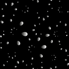 Gray drops and petals on a black background in nacre.