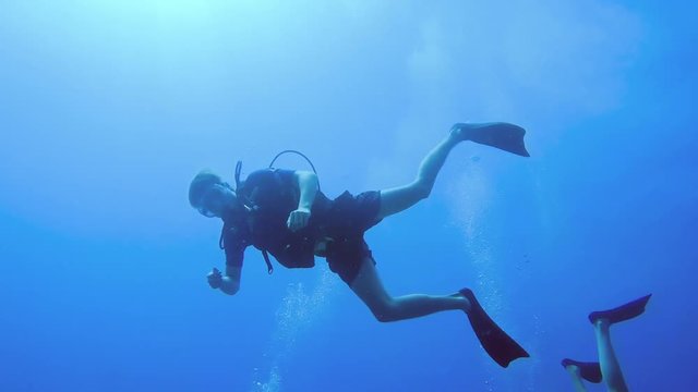 Diver showing Thumbs Up to the camera in blue Ocean