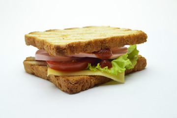 Ham and salad sandwich on white background