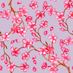 Pink flowers blossom on branch, watercolor paints - seamless pattern on purple or violet background