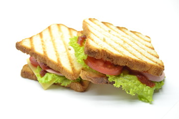 Ham and salad sandwich on white background