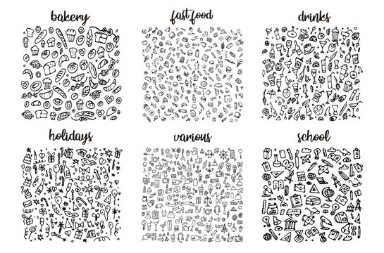 Hand drawn icons set and elements pattern. Digital illustration, bakery doodles elements, holidays seamless background. school and alcohol drinks. Vector fast food sketchy illustration