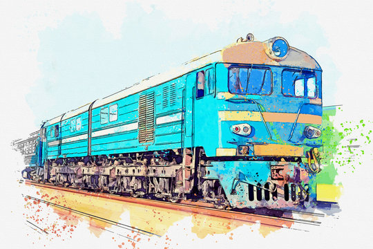 Watercolor sketch or illustration of modern passenger train. Transportation of people or passengers by train