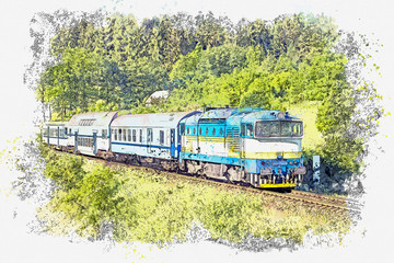 Watercolor sketch or illustration of modern passenger train. Transportation of people or passengers by train © CaptainMCity