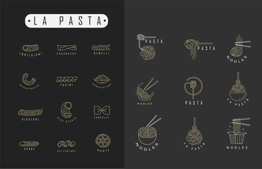 Vector icon and logo for italian pasta or noodles. Editable outline stroke size. Line flat contour, thin and linear design. Simple icons. Concept illustration. Sign, symbol, element.