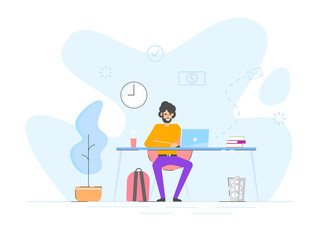 Freelancer work at home or office with the computer, laptop. Remote work. Vector illustration