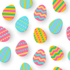 Seamless pattern of Easter Egg Paper cut. Cute layered Eggs Hunt greeting card isolated on white. Geometric holidays colorful backdrop. Festive frame, wrap, sale, article, add.