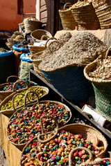 Diversity of colorful spices on a bazaar market in Marrakesh Morocco