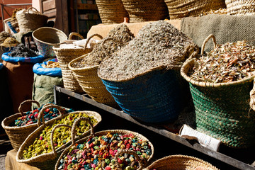 Diversity of colorful spices on a bazaar market in Marrakesh Morocco