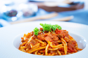tasty pasta Italian meat sauce pasta on the table