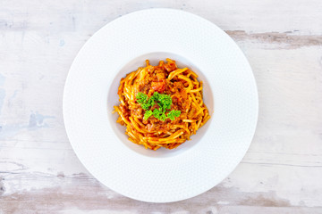 tasty pasta Italian meat sauce pasta on the table