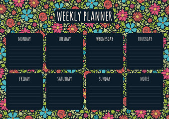 Weekly planner with flowers, daily plans and flowers. Vector