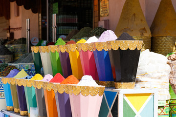 Diversity of colorful spices on a bazaar market in Marrakesh Morocco