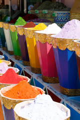 Diversity of colorful spices on a bazaar market in Marrakesh Morocco