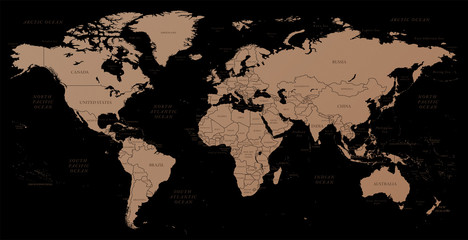Hoog gedetailleerde koper-getextureerde wereldkaart illustratie met grenzen, oceanen en landen.