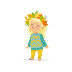 Beautiful blonde little girl in warm clothing and wreath of leaves on her head, cute kid enjoying fall, autumn kids activity vector Illustration
