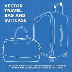 Blueprint of Suitcase or travel luggage and travel bag isolated on white background. Vector illustration.