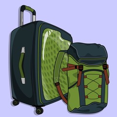 Suitcase or travel luggage and rucksack isolated on white background. Vector illustration.