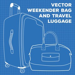 Obraz premium Blueprint of Suitcase or travel luggage and weekender bag isolated on white background. Vector illustration.