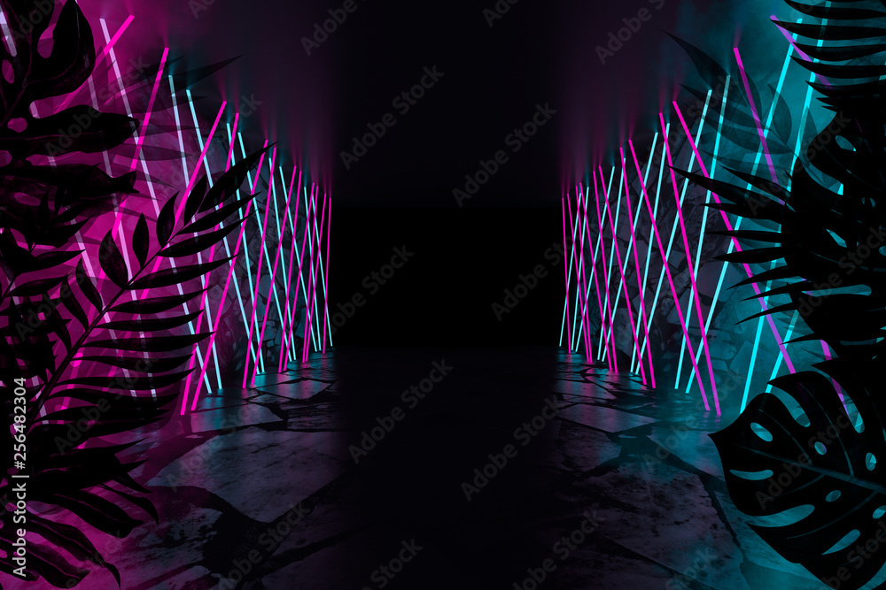 Leinwandbilder Empty scene background, abstract background with multicolored bokeh and neon lights. Silhouettes of tropical leaves
