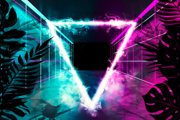 Empty scene background, abstract background with multicolored bokeh and neon lights. Silhouettes of tropical leaves