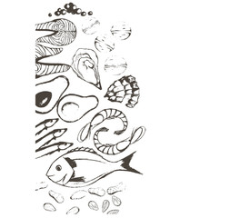 Keto food, ketogenic healthy food sketch concept illustration. Keto illustration - all food nutrients such as fish, caviar, avocado, nuts, steak. Stock Illustration