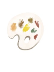 Palette with paints and brushes pop art retro illustration. Isolated image on white background. Comic book style imitation.