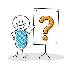 Funny hand drawn stickman with whiteboard and question mark icon. Vector