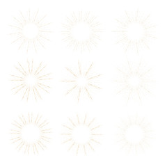 Set of golden sunburst style isolated on white background, Bursting rays vector illustration.