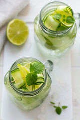 glasses of water, mint, lime and cucumber on a white board
