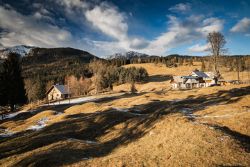 scenic view in alpine forest mountains with isolated wooden chalet house in idyllic sunny winter environment, pokljuka, slovenia