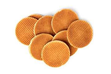 Waffles with caramel filling isolated on white background.