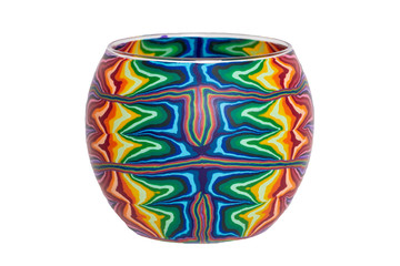 Vases decorations background. Closeup of a empty decorative vase with colorful pattern isolated on a white background. Macro.