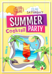 Disco summer cocktail party poster. Paper cut out art style design