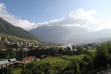 Fototapeta na wymiar Close view of three towers in Adishi village on Mestia to Ushguli trek in Svaneti, Georgia.