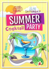 Disco summer cocktail party poster. Paper cut out art style design