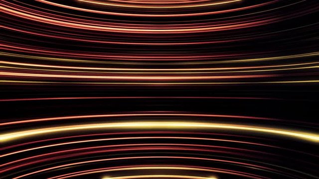 Orange and golden parallel round lines moving endlessly,seamless loop. Beautiful glowing arcuate rays of shining light.
