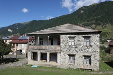 Close view of three towers in Adishi village on Mestia to Ushguli trek in Svaneti, Georgia.