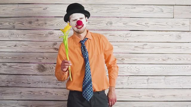 Clown with tulip flowers in funny concept. Man in love on a date Waiting for your sweetheart