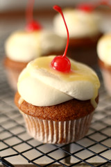 Homemade bakery style vanilla delicious sponge cake with white cream frosting and yellow lemon syrup curd  with cherry on top. Candy bar for celebrating partys and birthdays