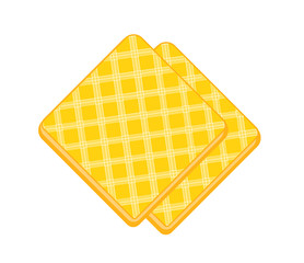 Two crispy waffles. Flat illustration of wafer biscuit slice isolated on layer. Vector yellow crispy pastry. Dessert for the design of the menu of the bakery or cafe. Elements of sweets.