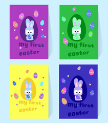 Easter little gray bunny. Four cards with rabbit and colorful eggs. My first Easter. Vector illustration to decorate the holiday of Easter hunting. Print on clothes, garlands or flags to the party.