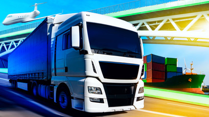 Truck on the road . truck transport container  . Transportation of goods Europe. Industrial infrastructure . 