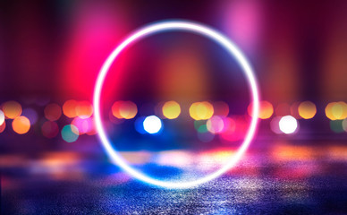 Background of empty stage, room. Reflection on wet pavement, concrete. Neon blurry lights. Neon circle figure in the center, smoke