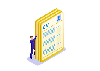 CV isometric infographic template with 3d man holding a4 format paper with biography or resume, employer hiring talent worker, candidate search work, office business people, vector illustration