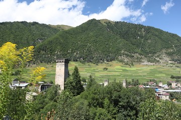 Naklejka premium Close view of three towers in Adishi village on Mestia to Ushguli trek in Svaneti, Georgia.