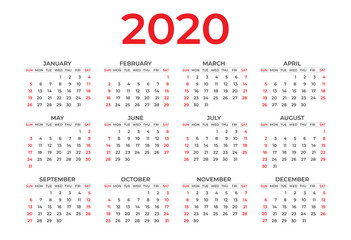 Calendar 2020 template layout, Red Concept, business brochure flyer, print media, advertisement, Simple design template, creative vector illustration