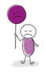 Funny cartoon stickman holding sad emoticon. Vector