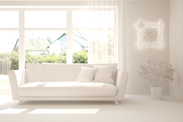 Stylish room in white color with sofa and green landscape in window. Scandinavian interior design. 3D illustration