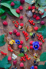 Raspberries, red currrant and black currant with ice cubes
